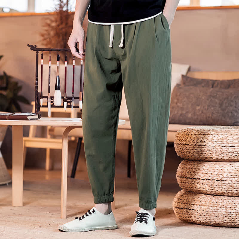 Buddha Stones Pantaloni corti da uomo casual minimalisti con coulisse, tinta unita, primavera estate, modello affusolato con tasca. - Verde oliva scuro - US/UK/AU46, EU56 (5XL) - image 36