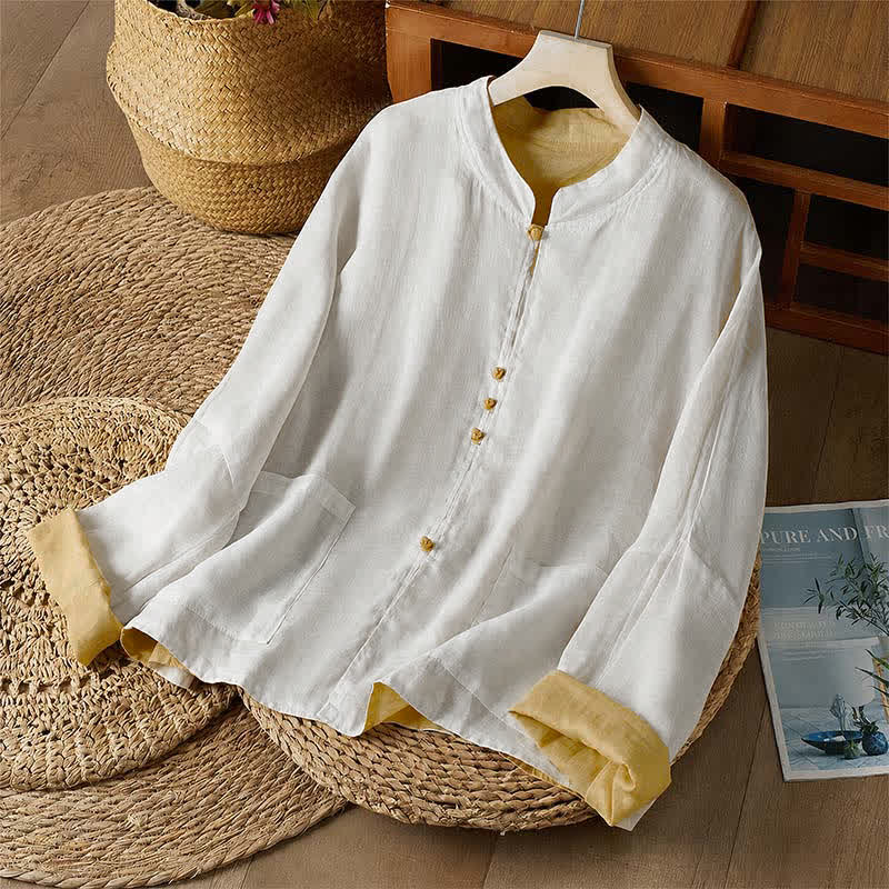 Buddha Stones Camicia da donna a maniche lunghe, stile Tang, casual, con scollo rotondo, tinta unita e reversibile, con tasca, ideale per primavera/autunno. - Cachi - US14, UK/AU18, EU46 (2XL) - image 0
