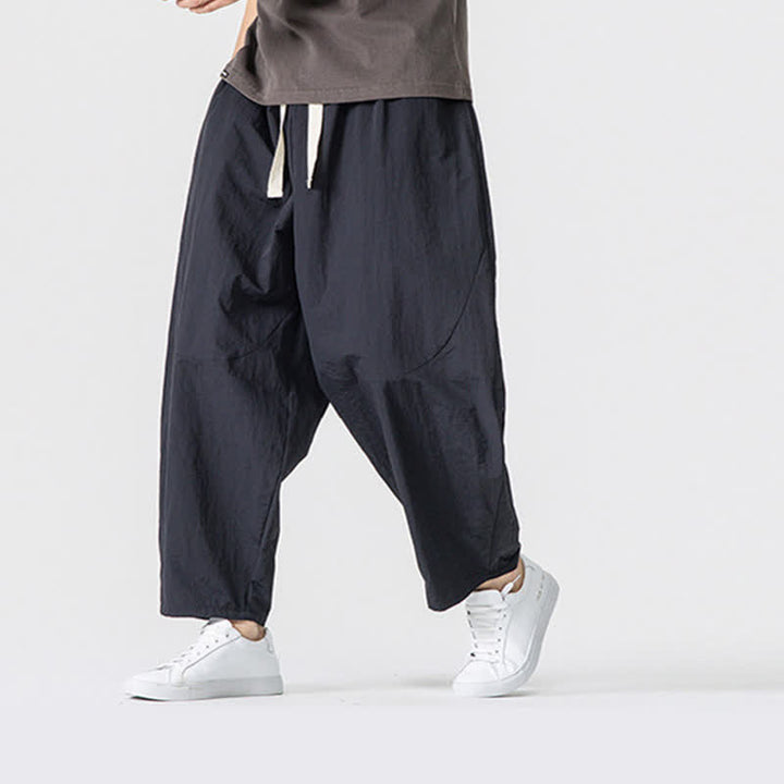 Buddha Stones Pantaloni corti da uomo casual, minimalisti, con coulisse, tinta unita, per primavera/estate, modello harem con tasche. - Nero - US/UK/AU46, EU56 (5XL) - image 7