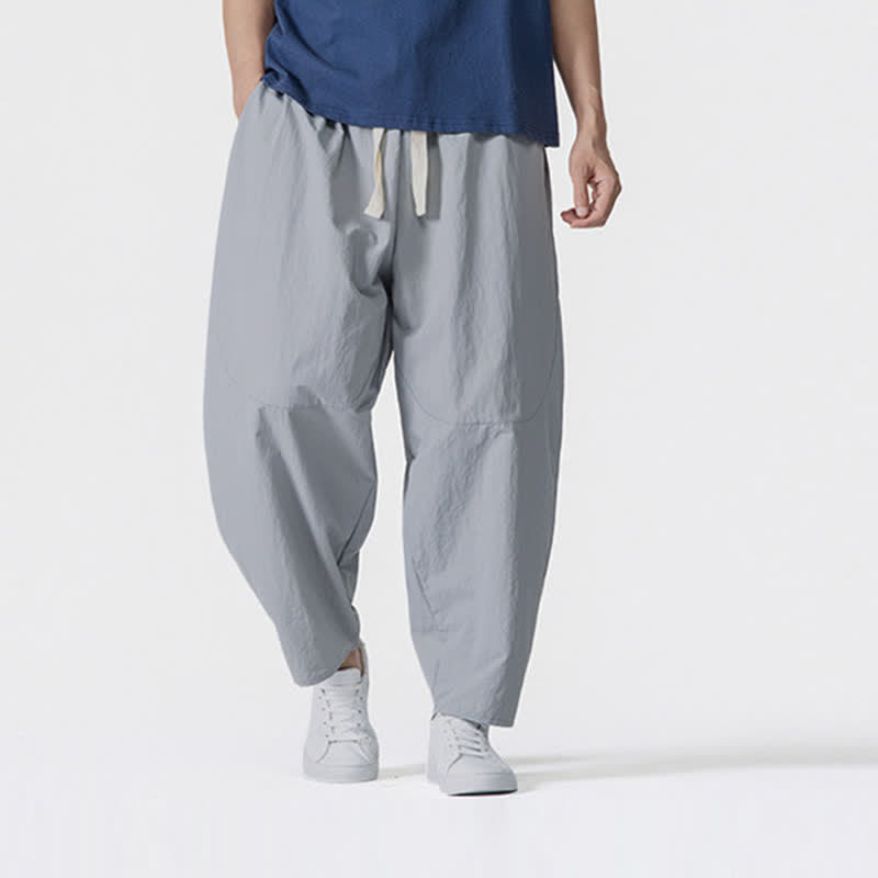 Buddha Stones Pantaloni corti da uomo casual, minimalisti, con coulisse, tinta unita, per primavera/estate, modello harem con tasche. - Grigio chiaro - US/UK/AU46, EU56 (5XL) - image 17