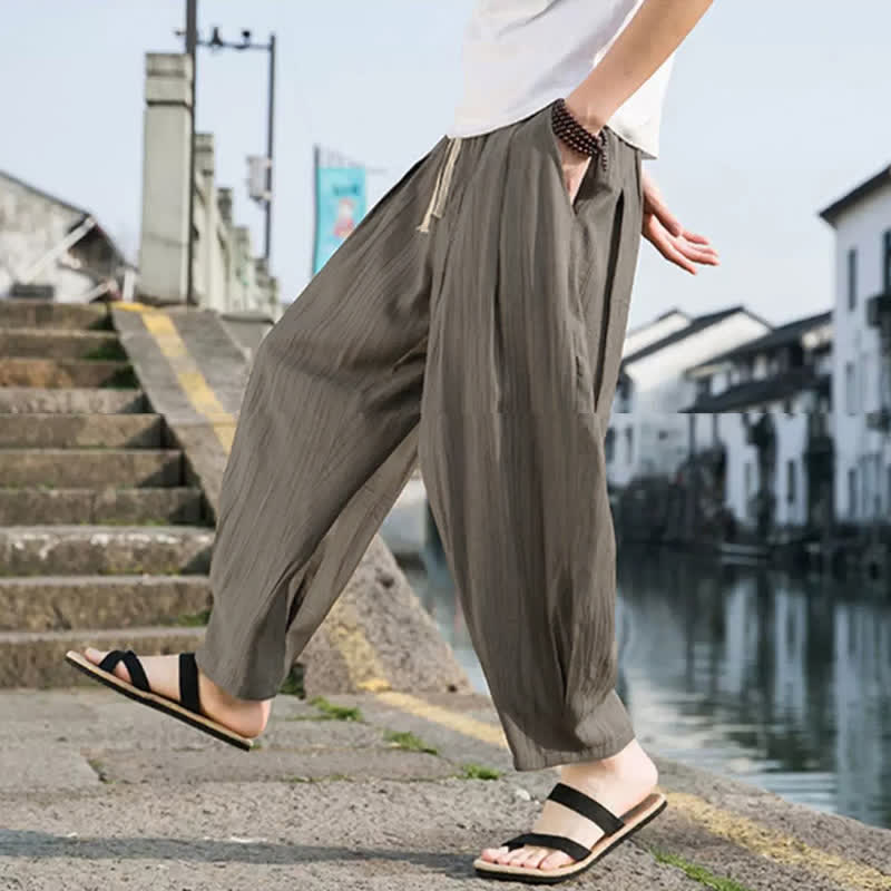 Buddha Stones Pantaloni estivi casual da uomo a gamba dritta con coulisse e tasca, modello cropped. - image 6