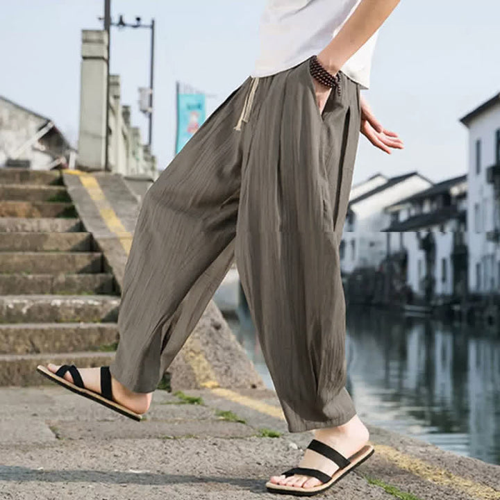 Buddha Stones Pantaloni estivi casual da uomo a gamba dritta con coulisse e tasca, modello cropped. - image 6
