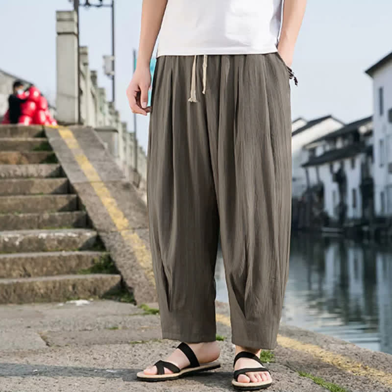 Buddha Stones Pantaloni estivi casual da uomo a gamba dritta con coulisse e tasca, modello cropped. - image 2
