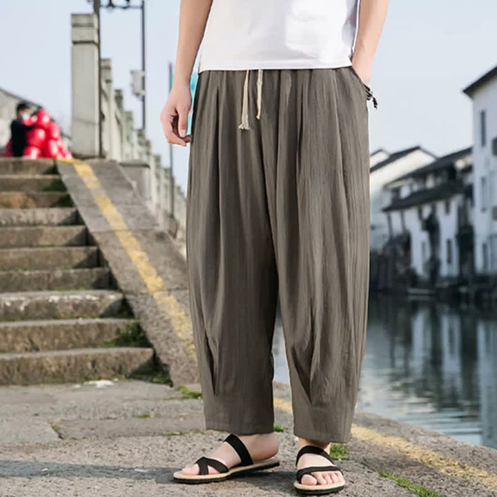 Buddha Stones Pantaloni estivi casual da uomo a gamba dritta con coulisse e tasca, modello cropped. - image 2