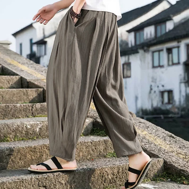 Buddha Stones Pantaloni estivi casual da uomo a gamba dritta con coulisse e tasca, modello cropped. - image 3