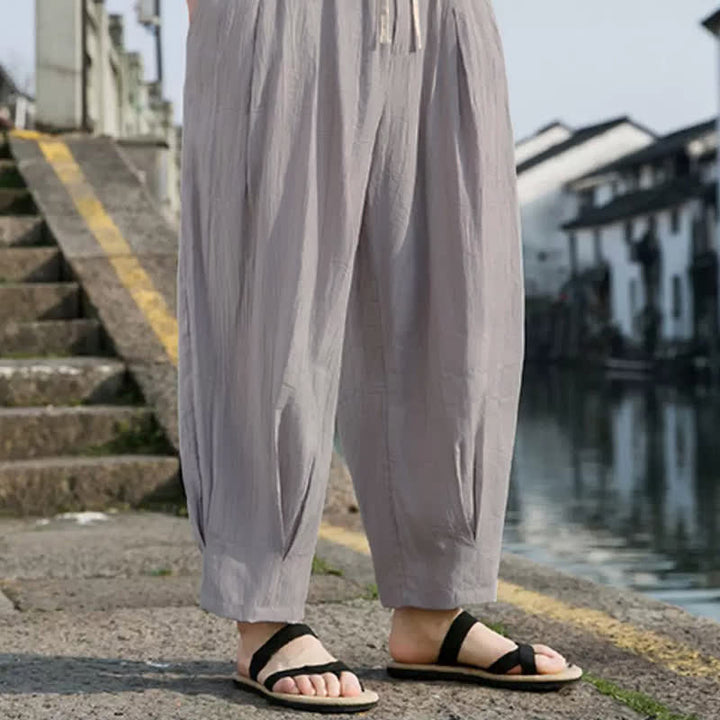 Buddha Stones Pantaloni estivi casual da uomo a gamba dritta con coulisse e tasca, modello cropped. - image 14