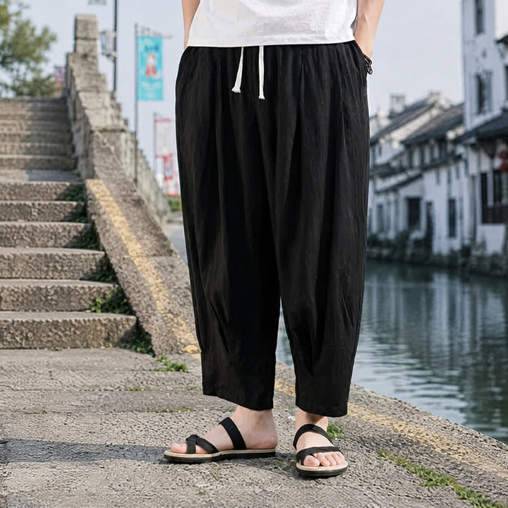 Buddha Stones Pantaloni estivi casual da uomo a gamba dritta con coulisse e tasca, modello cropped. - image 9