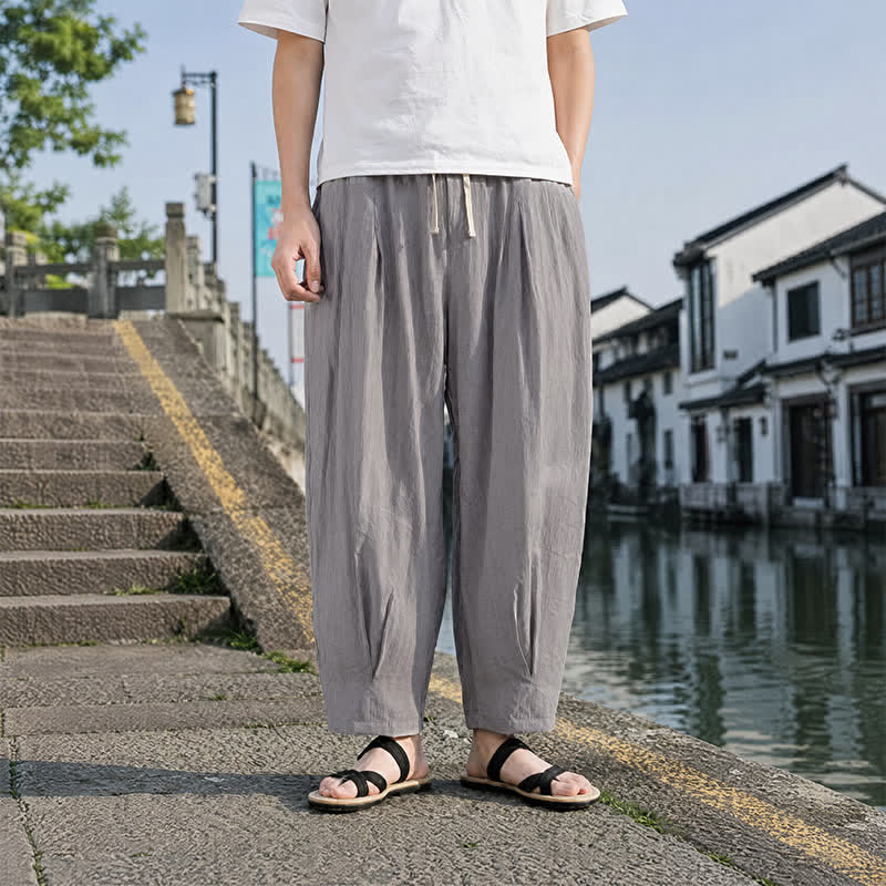 Buddha Stones Pantaloni estivi casual da uomo a gamba dritta con coulisse e tasca, modello cropped. - image 12