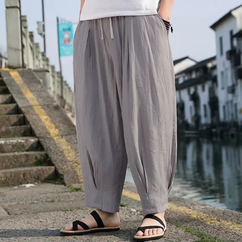 Buddha Stones Pantaloni estivi casual da uomo a gamba dritta con coulisse e tasca, modello cropped. - image 15
