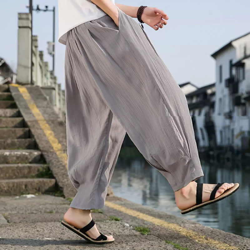 Buddha Stones Pantaloni estivi casual da uomo a gamba dritta con coulisse e tasca, modello cropped. - image 17