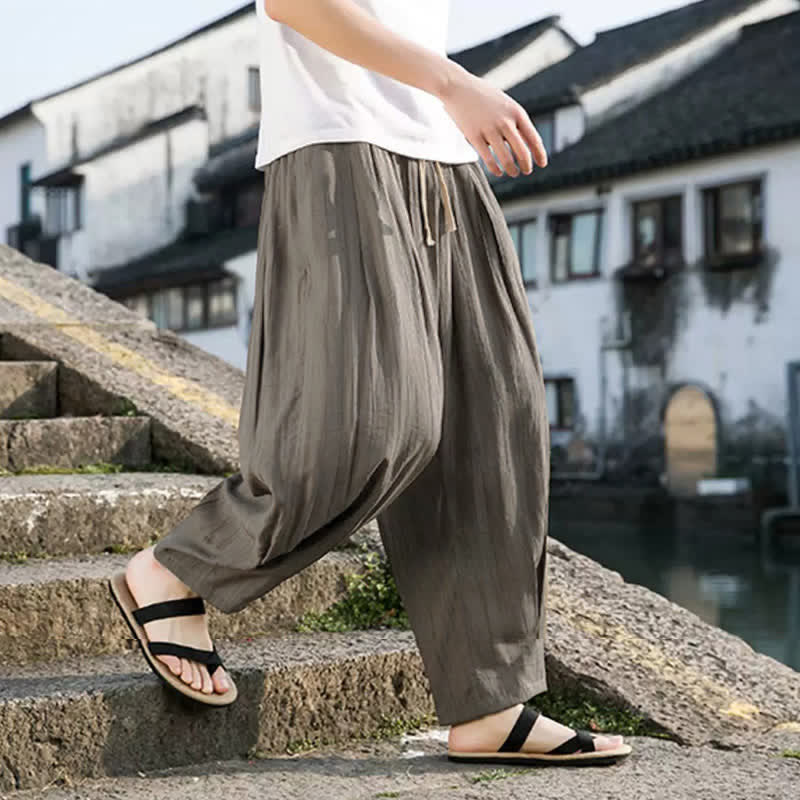 Buddha Stones Pantaloni estivi casual da uomo a gamba dritta con coulisse e tasca, modello cropped. - Cachi scuro - US/UK/AU46, EU56 (5XL) - image 0