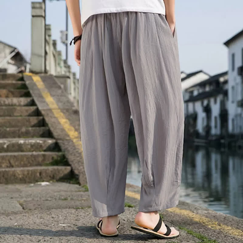 Buddha Stones Pantaloni estivi casual da uomo a gamba dritta con coulisse e tasca, modello cropped. - image 13