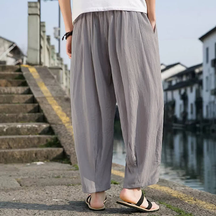 Buddha Stones Pantaloni estivi casual da uomo a gamba dritta con coulisse e tasca, modello cropped. - image 13