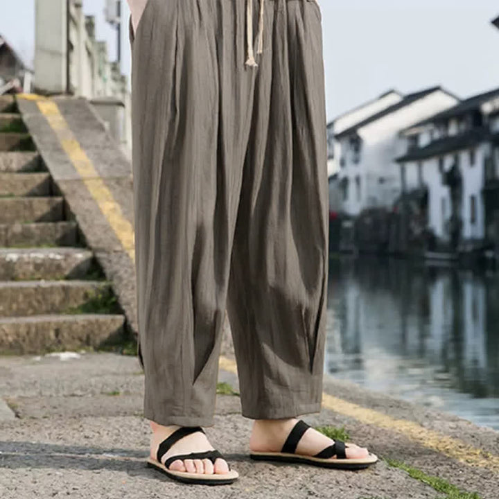 Buddha Stones Pantaloni estivi casual da uomo a gamba dritta con coulisse e tasca, modello cropped. - image 5
