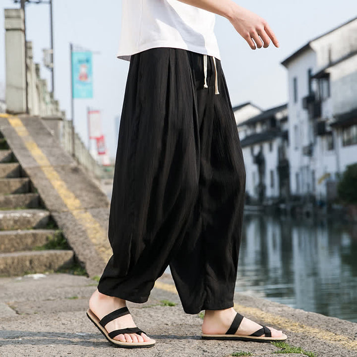 Buddha Stones Pantaloni estivi casual da uomo a gamba dritta con coulisse e tasca, modello cropped. - Nero - US/UK/AU46, EU56 (5XL) - image 8