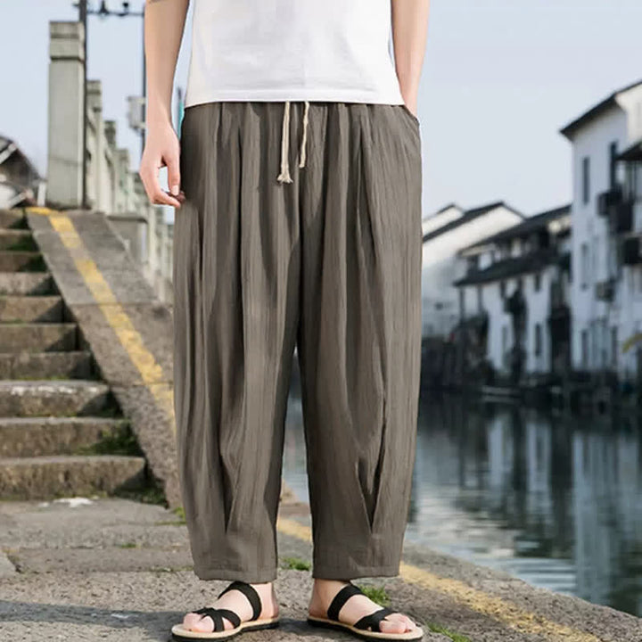 Buddha Stones Pantaloni estivi casual da uomo a gamba dritta con coulisse e tasca, modello cropped. - image 1