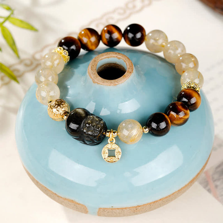 Buddha Stones Braccialetto portafortuna con perline di quarzo rutilato dorato e occhio di tigre Pi Xiu del Feng Shui. - image 4