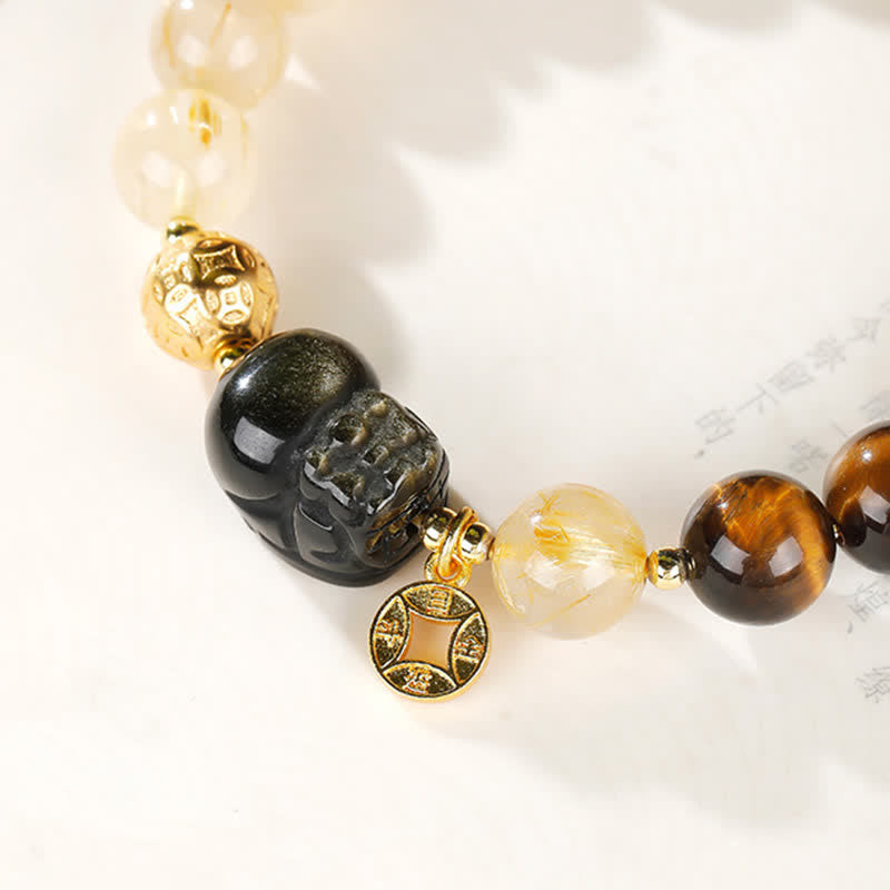 Buddha Stones Braccialetto portafortuna con perline di quarzo rutilato dorato e occhio di tigre Pi Xiu del Feng Shui. - image 13