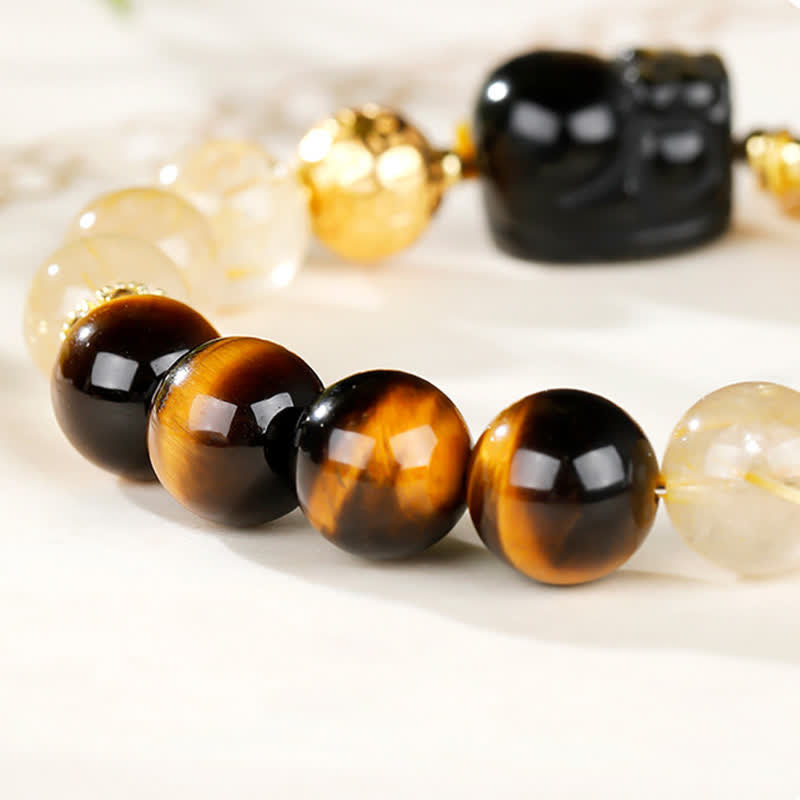 Buddha Stones Braccialetto portafortuna con perline di quarzo rutilato dorato e occhio di tigre Pi Xiu del Feng Shui. - image 12