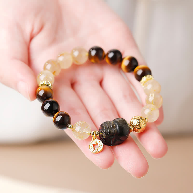 Buddha Stones Braccialetto portafortuna con perline di quarzo rutilato dorato e occhio di tigre Pi Xiu del Feng Shui. - image 10