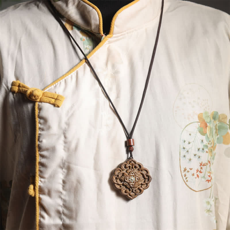 Buddha Stones Collana Tang Dynasty Flower Harmony in legno di sappanwood intagliato. - image 5