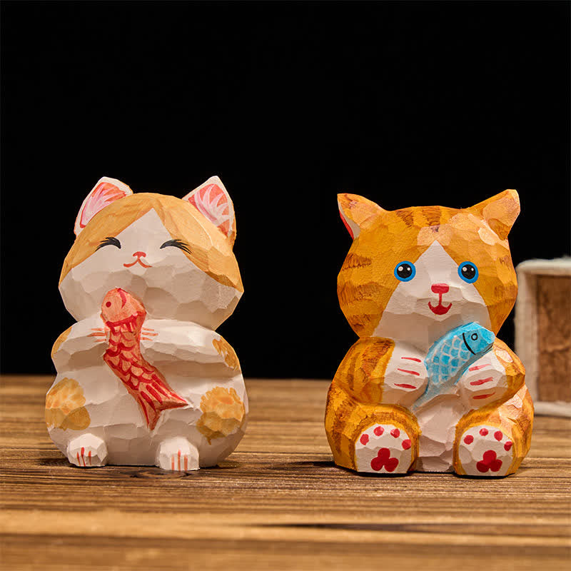 Buddha Stones Gatto portafortuna dipinto a mano in legno naturale, decorazione a tema ricchezza e animali carini - image 10