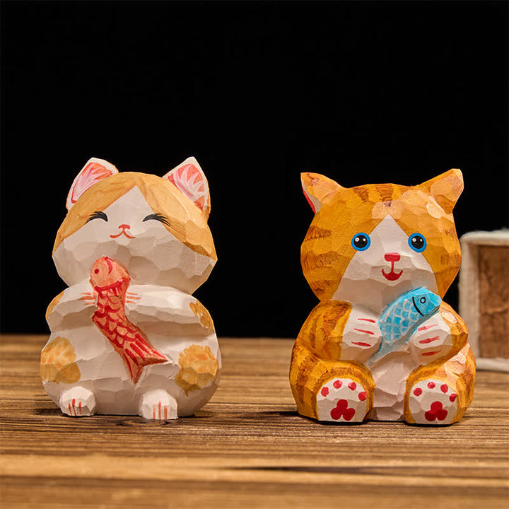 Buddha Stones Gatto portafortuna dipinto a mano in legno naturale, decorazione a tema ricchezza e animali carini - image 10