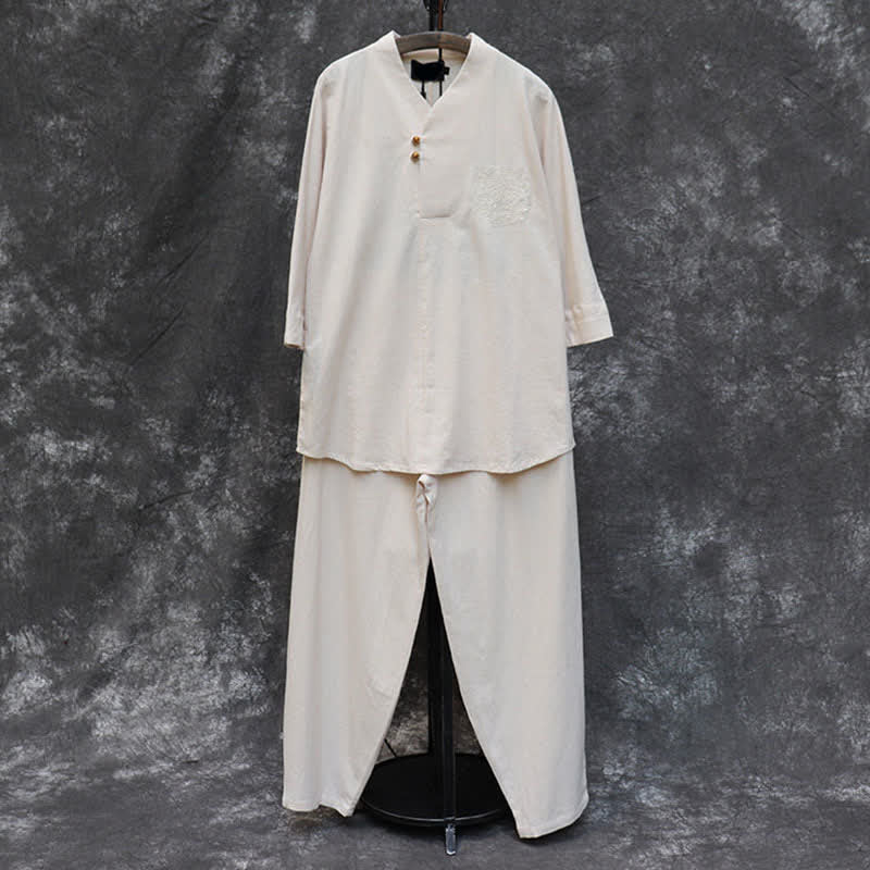 Buddha Stones Completo primavera/estate in stile Tang con camicia e pantaloni con colletto alla coreana, ricami, in cotone tinta unita, ideale per la meditazione, con tasche. - image 3