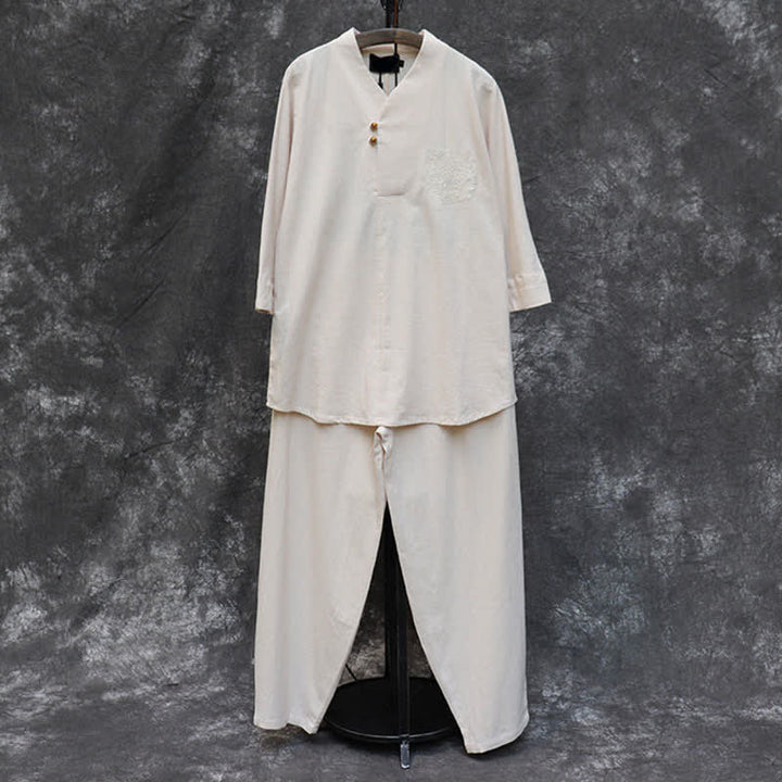 Buddha Stones Completo primavera/estate in stile Tang con camicia e pantaloni con colletto alla coreana, ricami, in cotone tinta unita, ideale per la meditazione, con tasche. - image 3