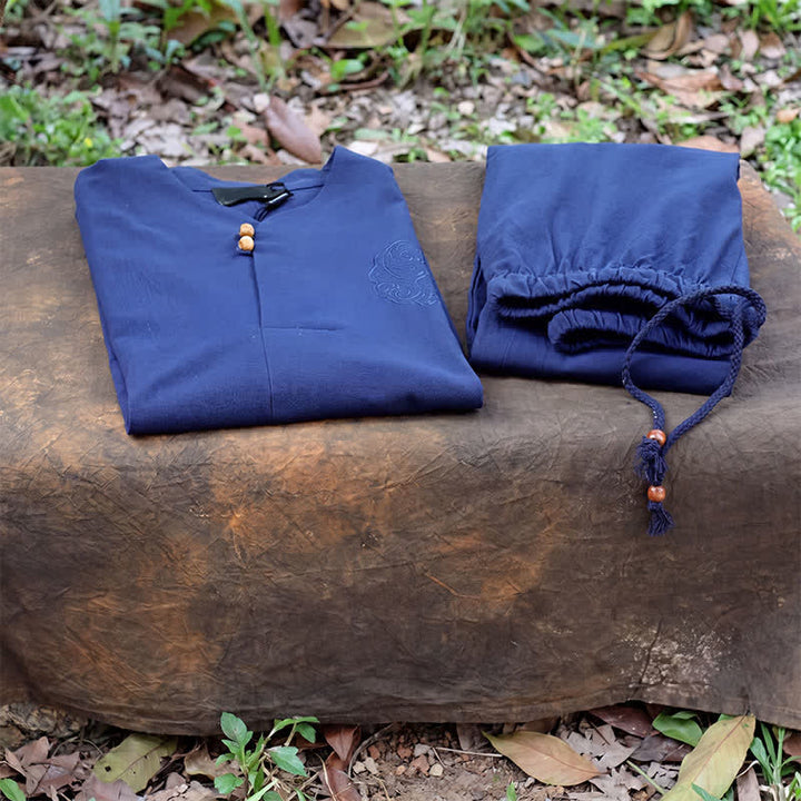 Buddha Stones Completo primavera/estate in stile Tang con camicia e pantaloni con colletto alla coreana, ricami, in cotone tinta unita, ideale per la meditazione, con tasche. - image 21