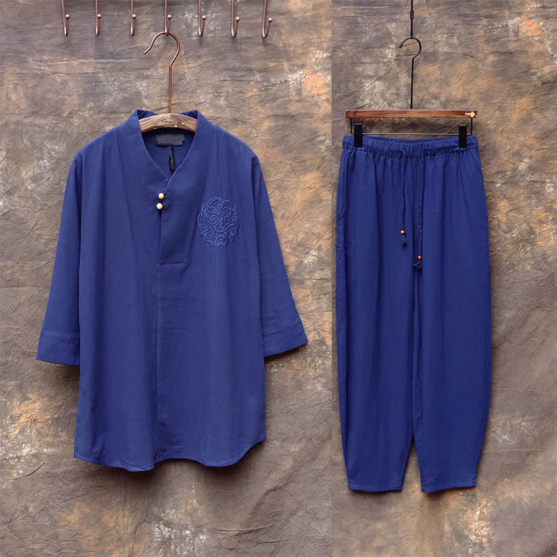 Buddha Stones Completo primavera/estate in stile Tang con camicia e pantaloni con colletto alla coreana, ricami, in cotone tinta unita, ideale per la meditazione, con tasche. - image 19
