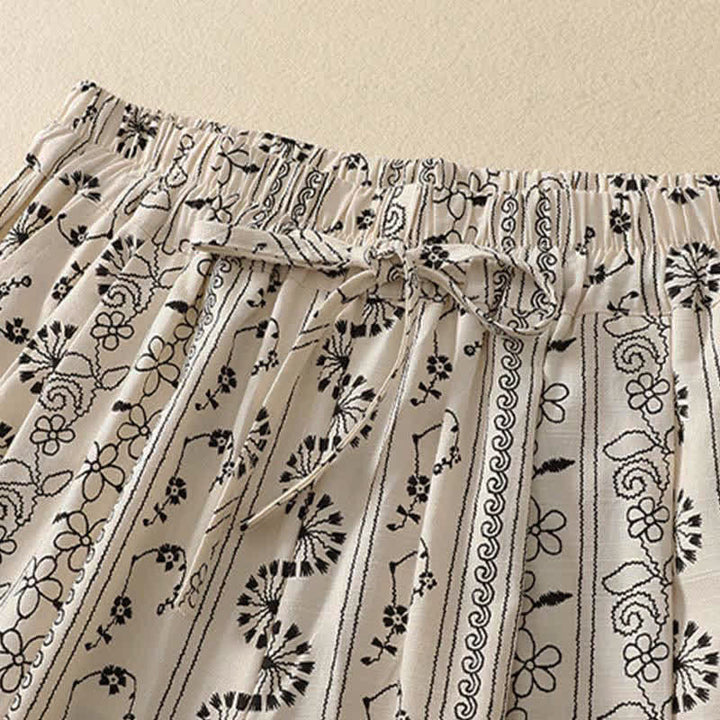 Buddha Stones Pantaloni capri da donna stile boho casual primavera estate con coulisse a righe, motivo ramo e stella, pantaloni harem con tasca - image 1