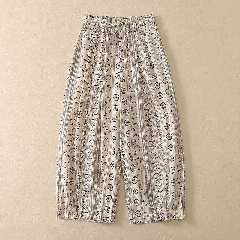 Buddha Stones Pantaloni capri da donna stile boho casual primavera estate con coulisse a righe, motivo ramo e stella, pantaloni harem con tasca - Bianco - US8-10, UK/AU12-14, EU40-42 (2XL) - image 0