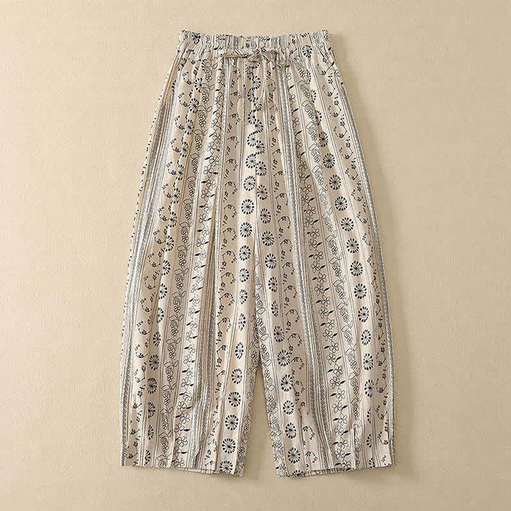 Buddha Stones Pantaloni capri da donna stile boho casual primavera estate con coulisse a righe, motivo ramo e stella, pantaloni harem con tasca - Bianco - US8-10, UK/AU12-14, EU40-42 (2XL) - image 0