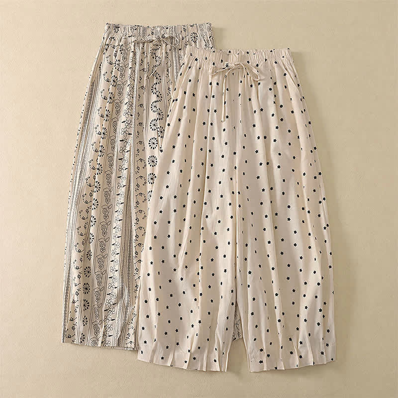 Buddha Stones Pantaloni capri da donna stile boho casual primavera estate con coulisse a righe, motivo ramo e stella, pantaloni harem con tasca - image 13