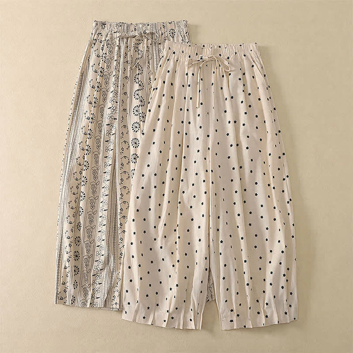 Buddha Stones Pantaloni capri da donna stile boho casual primavera estate con coulisse a righe, motivo ramo e stella, pantaloni harem con tasca - image 13