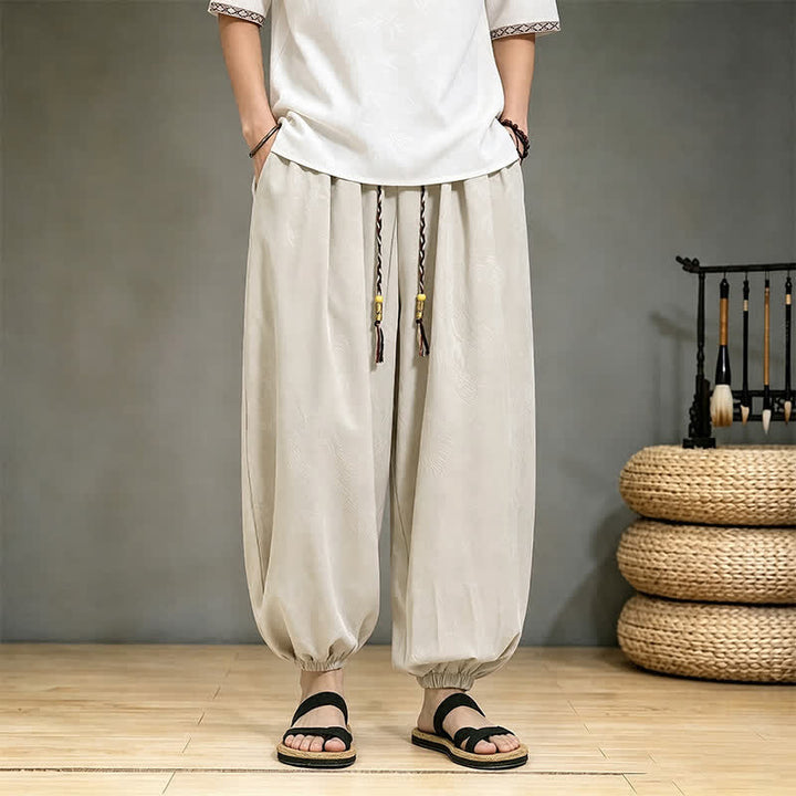 Buddha Stones Pantaloni harem da uomo stile Tang, casual, primavera/estate, con coulisse e tasca, modello corto. - Beige - US/UK/AU46, EU56 (5XL) - image 21