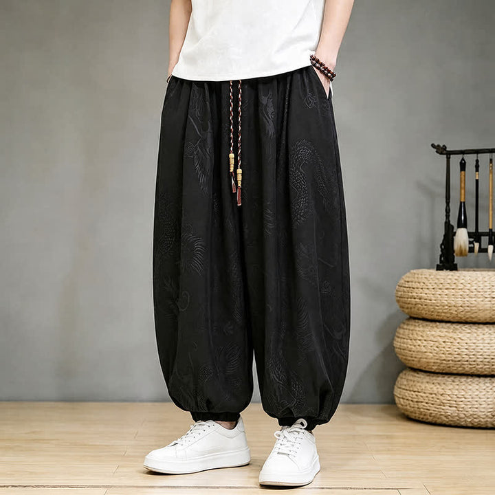 Buddha Stones Pantaloni harem da uomo stile Tang, casual, primavera/estate, con coulisse e tasca, modello corto. - Nero - US/UK/AU46, EU56 (5XL) - image 0