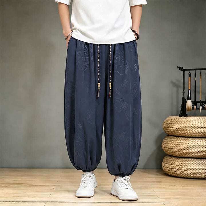Buddha Stones Pantaloni harem da uomo stile Tang, casual, primavera/estate, con coulisse e tasca, modello corto. - Marina - US/UK/AU46, EU56 (5XL) - image 15