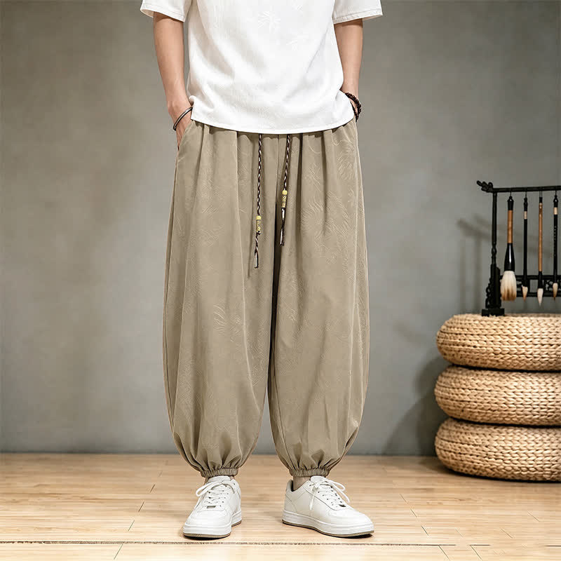 Buddha Stones Pantaloni harem da uomo stile Tang, casual, primavera/estate, con coulisse e tasca, modello corto. - Cachi - US/UK/AU46, EU56 (5XL) - image 4