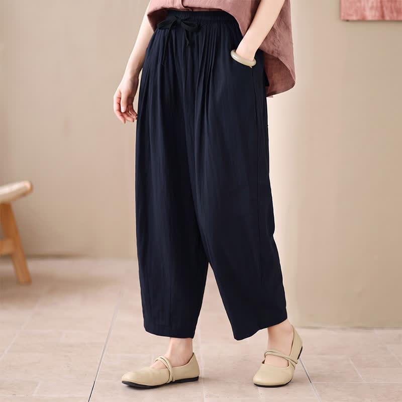 Buddha Stones Pantaloni corti da donna casual, minimalisti, con coulisse, tinta unita, per primavera/estate, modello harem con tasca. - Marina - US4, UK/AU8, EU36-38 (F) - image 4