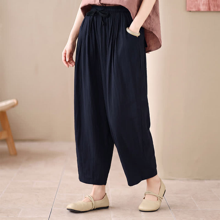 Buddha Stones Pantaloni corti da donna casual, minimalisti, con coulisse, tinta unita, per primavera/estate, modello harem con tasca. - Marina - US4, UK/AU8, EU36-38 (F) - image 4