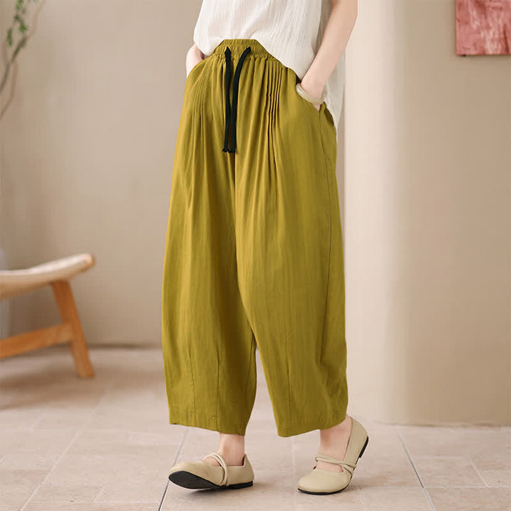 Buddha Stones Pantaloni corti da donna casual, minimalisti, con coulisse, tinta unita, per primavera/estate, modello harem con tasca. - Verga d'oro - US4, UK/AU8, EU36-38 (F) - image 0