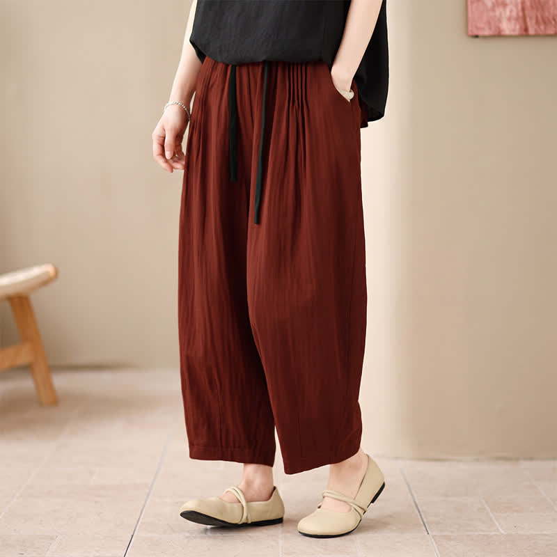 Buddha Stones Pantaloni corti da donna casual, minimalisti, con coulisse, tinta unita, per primavera/estate, modello harem con tasca. - FireBrick - US4, UK/AU8, EU36-38 (F) - image 9