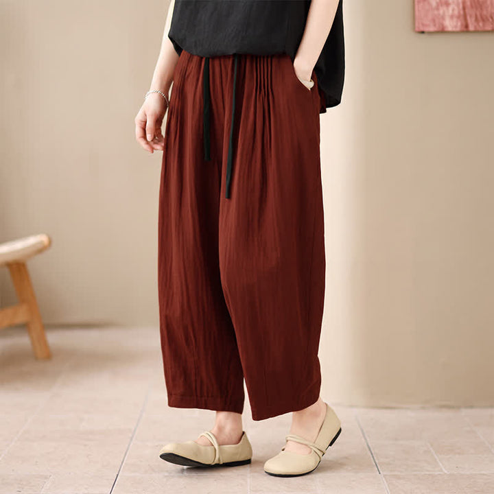 Buddha Stones Pantaloni corti da donna casual, minimalisti, con coulisse, tinta unita, per primavera/estate, modello harem con tasca. - FireBrick - US4, UK/AU8, EU36-38 (F) - image 9