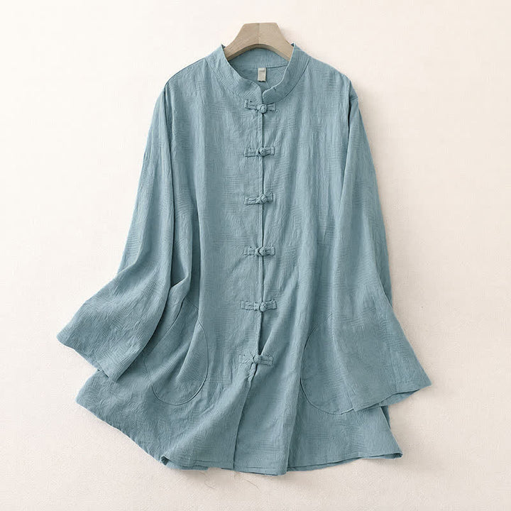 Buddha Stones Camicia da donna a maniche lunghe, stile Tang, con colletto alla coreana, bottoni a rana, tinta unita, ideale per primavera e autunno, con taschino. - Azzurro polvere - US8-10, UK/AU12-14, EU40-42 (2XL) - image 0