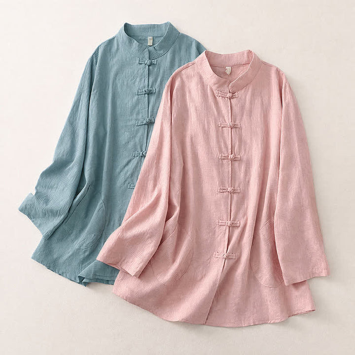 Buddha Stones Camicia da donna a maniche lunghe, stile Tang, con colletto alla coreana, bottoni a rana, tinta unita, ideale per primavera e autunno, con taschino. - image 17