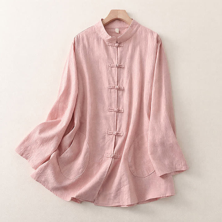 Buddha Stones Camicia da donna a maniche lunghe, stile Tang, con colletto alla coreana, bottoni a rana, tinta unita, ideale per primavera e autunno, con taschino. - Rosa chiaro - US8-10, UK/AU12-14, EU40-42 (2XL) - image 6