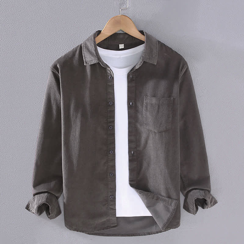 Buddha Stones Camicia da uomo a maniche lunghe in cotone tinta unita, casual, autunno/inverno, con tasca applicata. - Grigio tenue - US/UK/AU44, EU54 (4XL) - image 4