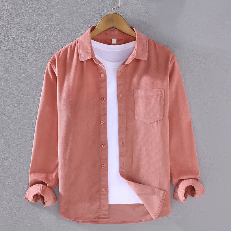 Buddha Stones Camicia da uomo a maniche lunghe in cotone tinta unita, casual, autunno/inverno, con tasca applicata. - Salmone - US/UK/AU44, EU54 (4XL) - image 6
